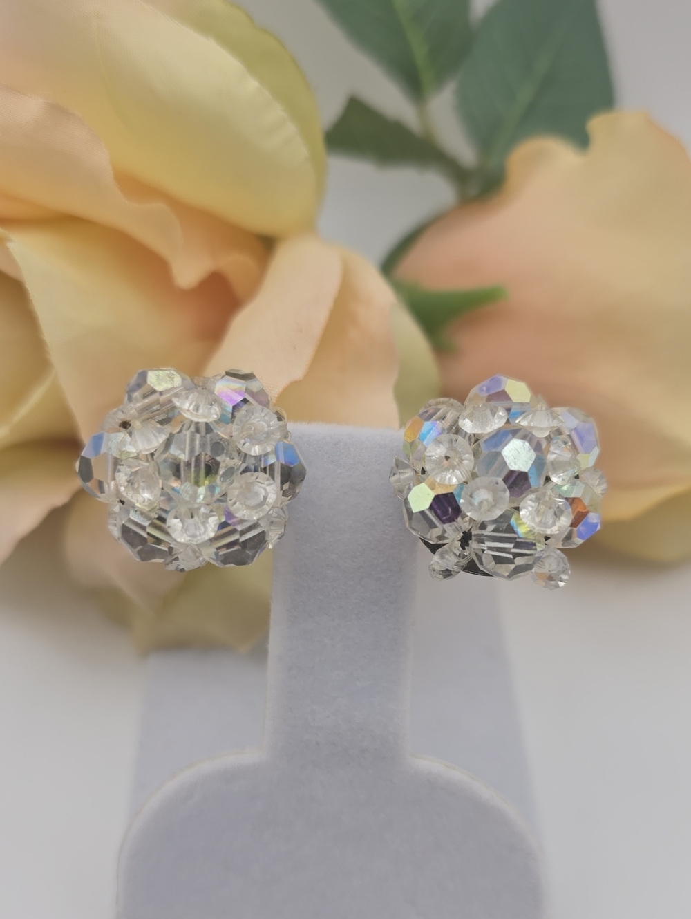 Vintage 1950s Aurora Borealis Crystal Cluster Paddle-Back Clip-On Earrings